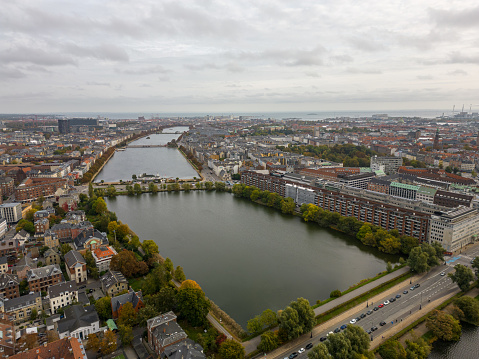 Aerial view of river and cityscape in Copenhagen, Denmark.