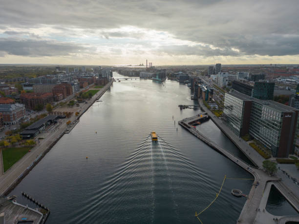Aerial view of river and cityscape in Copenhagen, Denmark.