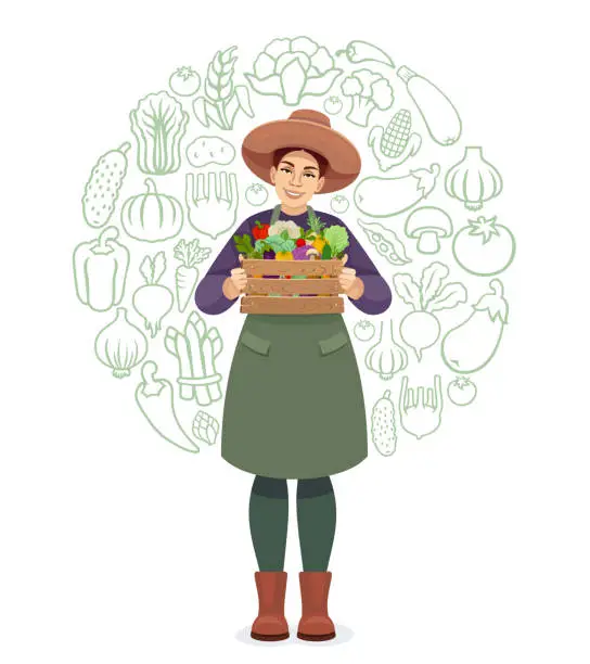 Vector illustration of Autumn harvest. Pretty Female Gardener. Organic Food. Vegetables.