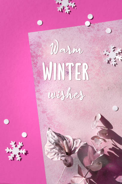 istock Greeting text Warm Winter wishes. Abstract flat lay with dry cala lily flower and eucalyptus twig painted metallic pink. Winter paper snowflakes on magenta, metallic pink paper. 1433414917
