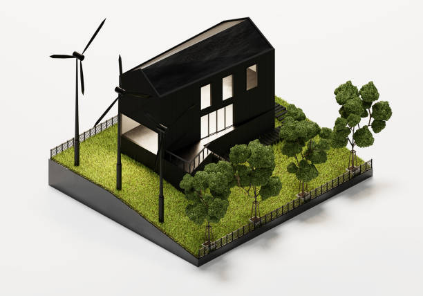 istock 3D Rendering Black House And Windmill In The Garden Isometric View Exterior Background 1433415962
