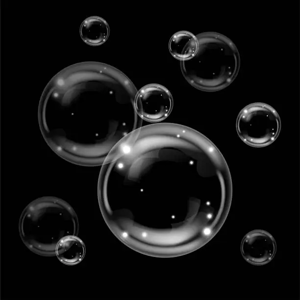 Vector illustration of Transparent bubbles on dark background