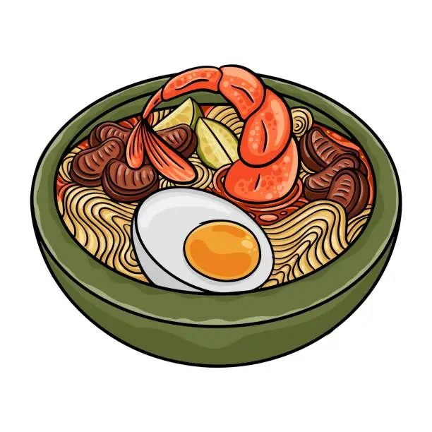 Vector illustration of Laksa. A spicy noodle coconut soup made with prawns, beam sprouts and chill. Malaysian Cuisine.