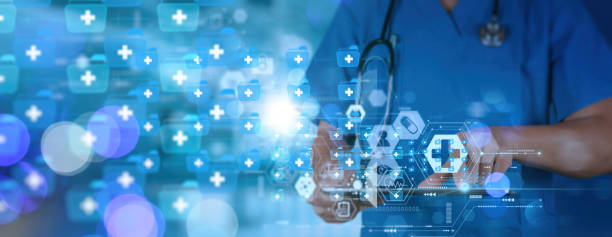 istock Medical doctor hand holding digital tablet Chatbot conversation app interface and artificial intelligence technology processing virtual assistant with customer support information. 1433418836
