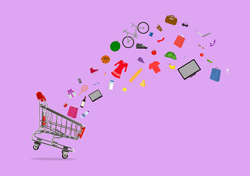 Shopping cart with  products on purple background