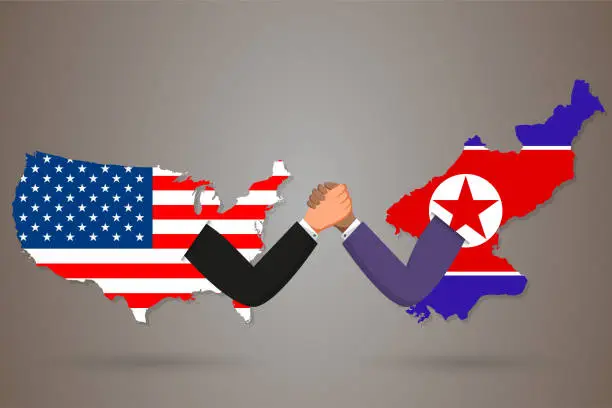 Vector illustration of Arm wrestling between the United States and North Korea.