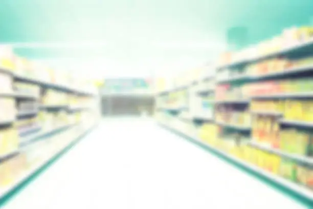 Photo of Abstract blurred background supermarket aisles with colorful shelves of merchandise.