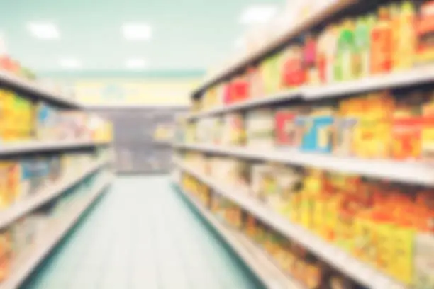 Photo of Abstract blurred background supermarket aisles with colorful shelves of merchandise.