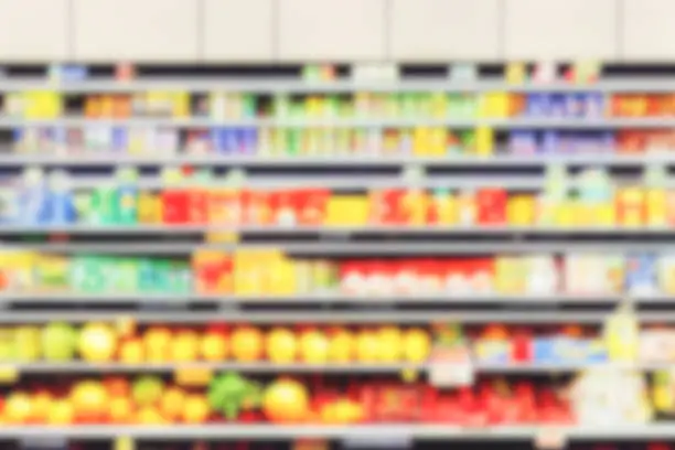 Photo of Abstract blurred background supermarket aisles with colorful shelves of merchandise.