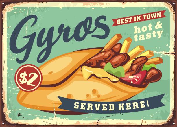 gyros vintage metall restaurant schild design - roast chicken restaurant food vector stock-grafiken, -clipart, -cartoons und -symbole