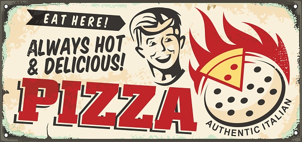 Pizzeria sign with happy smiling boy graphic and Italian pizza on fire. Hot pepperoni pizza retro advertisement. Food and restaurants vector illustration.
