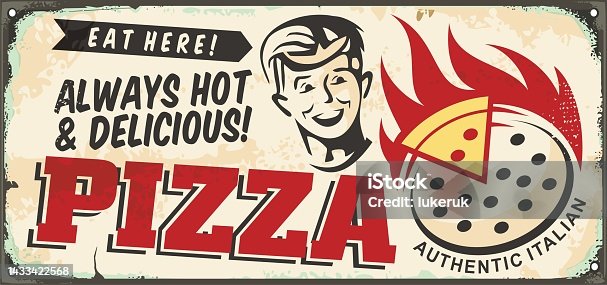 istock Pizzeria sign with happy smiling boy and pizza on fire 1433422568