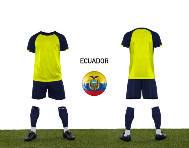 Uniform and ball with the flag of the Ecuador national team participating in Qatar 2022 with a grass floor on a white background.