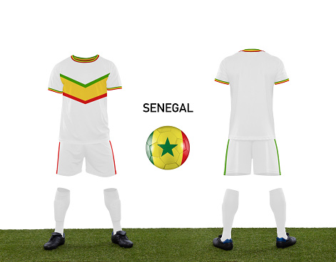 Uniform and ball with the flag of the Senegal national team participating in Qatar 2022 with a grass floor on a white background.