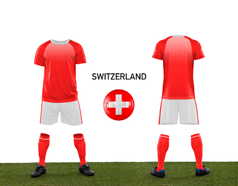Uniform and ball with the flag of the Switzerland national team participating in Qatar 2022 with a grass floor on a white background.
