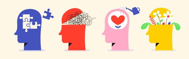 Mental health concept illustration trendy color Mental health concept illustration trendy color style for psyhology book, medical metaphor, poster, flyer, booklet, social media, advertising. Vector 10 eps woman doing puzzle stock illustrations