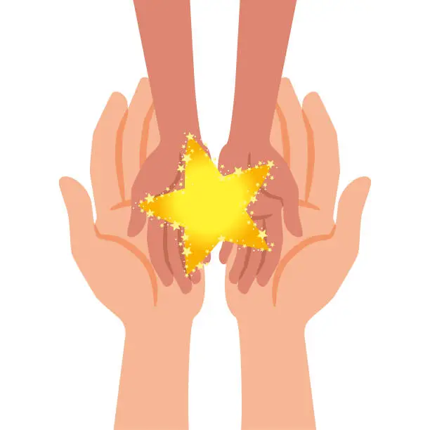 Vector illustration of Child Hands in Adult Hands Holding Christmas Star