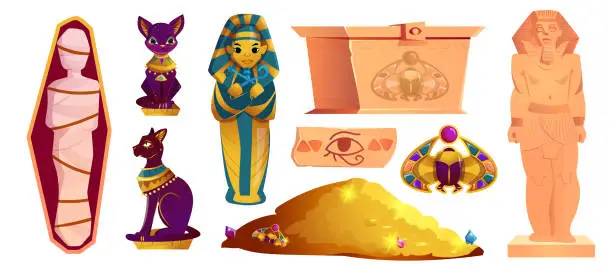Vector illustration of Ancient egyptian set of statues, mummy, scarab, bastet and sarcophagus of pharaoh