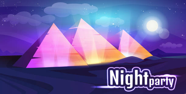istock Cartoon egypt night party with neon glow egyptian pyramids 1433435380