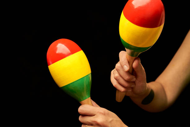 Playing music on rasta reggae maracas - percussion instrument Hand holding maracas - music instrument in rasta reggae style, black background. Maracas are a musical instrument from Central and South America, from countries such as Colombia, Guatemala and Puerto Rico. Also popular in Mexico and Cuba. Rattles rattle drum stock pictures, royalty-free photos & images