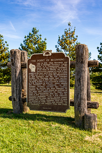 Hazel Green, WI, United States: October 8, 2022: The Point of Beginning Historical Marker 172 along the Wisconsin and Illinois border in Hazel Green, Wisconsin.