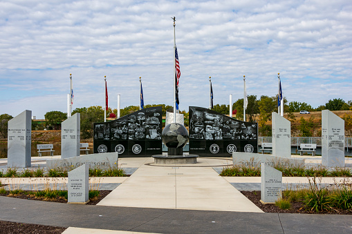 Dubuque, IA, United States - October 9, 2022: Veterans Memorial Plaza in Dubuque, Iowa during an autumn day.