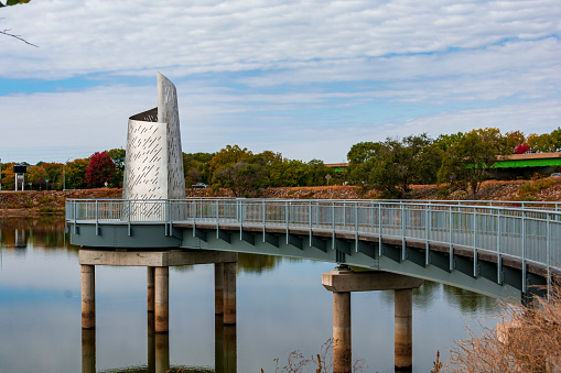 Dubuque, IA, United States - October 9, 2022: Veterans Memorial Plaza in Dubuque, Iowa during an autumn day.