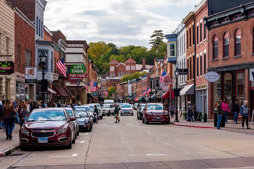 Galena, IL, United States - October 9, 2022: View of Main Street in historical downtown area of Galena, Illinois.