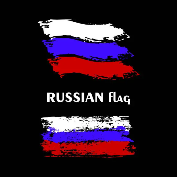Vector illustration of Flag of Russia. Russian national flag. Grunge brush stroke on black background. Abstract creative painted flag of country