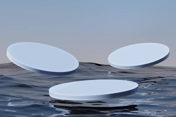istock Three blue round podiums in sea water against the sky, 3d render 1433438747