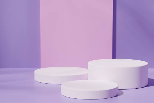 istock Three white round podiums on a pink and purple background, 3d render 1433438760
