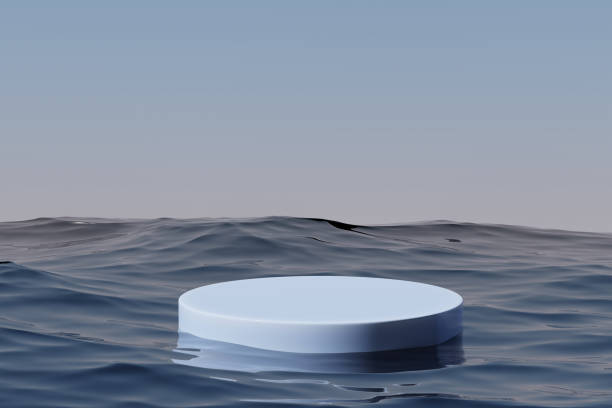 istock Blue round podium in sea water against the sky, 3d render 1433438771
