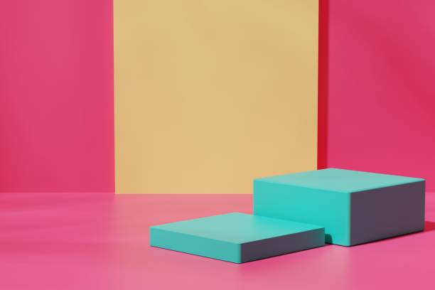istock Two green square podiums on a red and yellow background, 3d render 1433438775