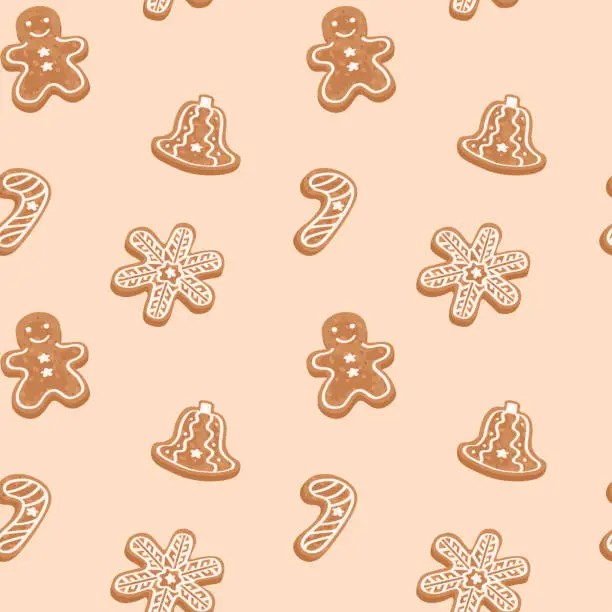Vector illustration of Christmas cookies seamless pattern. Snowflake, candy cane, bell, gingerbread man. Hand drawn vector illustration. Suitable for web background, gift paper, fabric or textile.