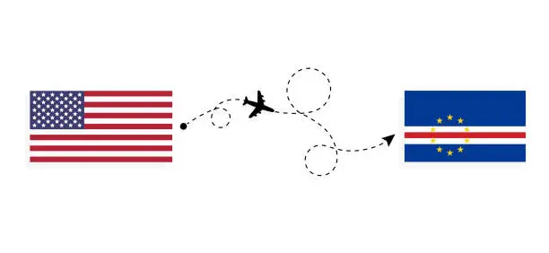 Vector illustration of Flight and travel from USA to Cabo Verde by passenger airplane Travel concept