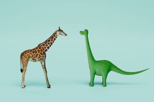 istock a giraffe and a green dinosaur looking at each other on a blue background. 3D render 1433439662