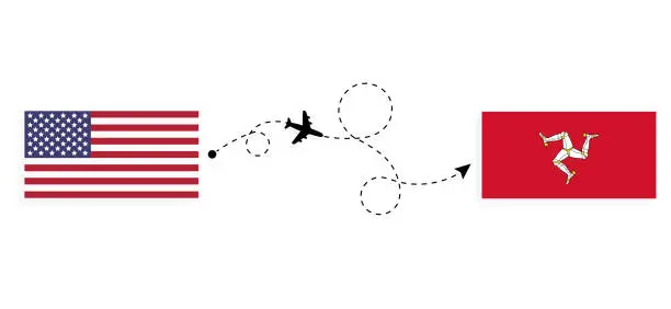 Vector illustration of Flight and travel from USA to Isle of Mann by passenger airplane Travel concept