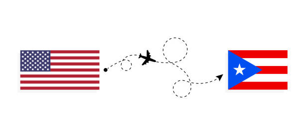 ilustrações de stock, clip art, desenhos animados e ícones de flight and travel from usa to puerto rico by passenger airplane travel concept - puerto rico map vector road