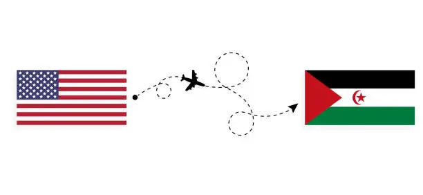 Vector illustration of Flight and travel from USA to Western Sahara by passenger airplane Travel concept