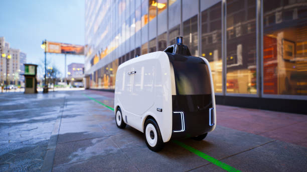 istock Autonomous delivery robot driverless on street, Smart vehicle technology concept, 3d render 1433442276