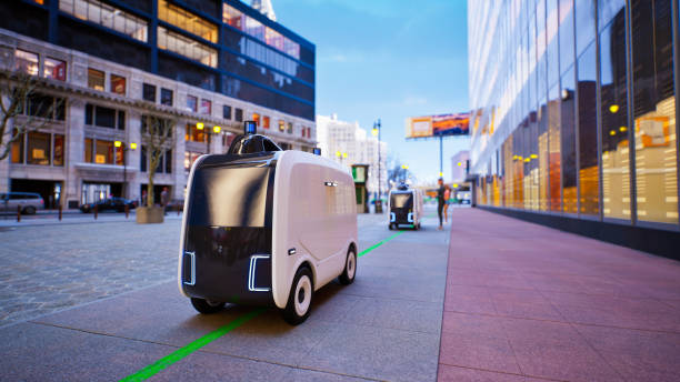 autonomer lieferroboter fahrerlos auf der straße, smartes fahrzeugtechnologiekonzept, 3d-render - fahrerloses auto stock-fotos und bilder