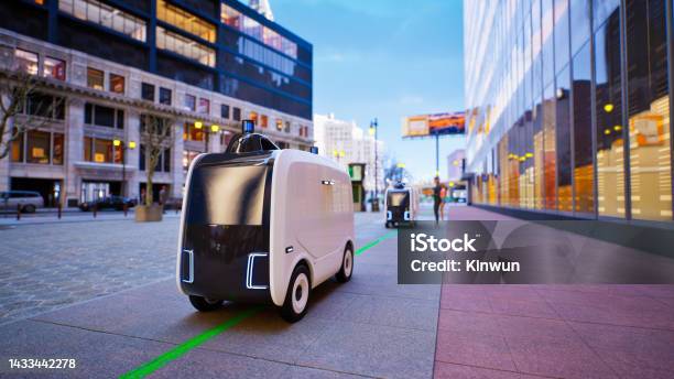 Autonomous Delivery Robot Driverless On Street Smart Vehicle Technology Concept 3d Render Stock Photo - Download Image Now