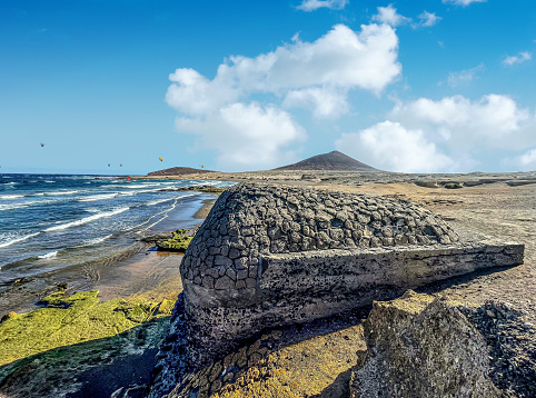 View of a bunker at El Medano Beach, Tenerife. Canary Islands