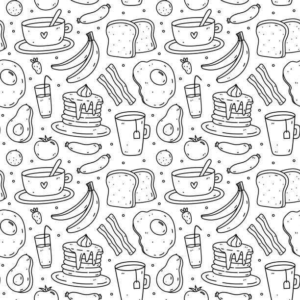 아침 식사 음식으로 귀여운 이음새가 없는 패턴 - 튀긴 계란, 베이컨, 토스트, 커피, 아보카도, 팬케이크, 과일. 낙서 스타일의 벡터 손으로 그린 일러스트레이션. 인쇄, 포장지, 벽지에 적합합니� - breakfast background stock illustrations