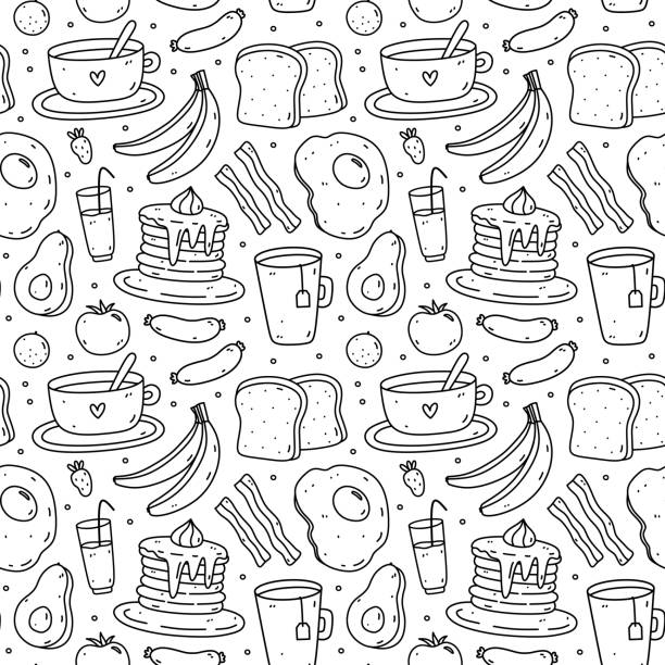 ilustrații de stoc cu model drăguț fără sudură cu alimente pentru micul dejun - ouă prăjite, slănină, pâine prăjită, cafea, avocado, clătite, fructe. ilustrație vectorială desenată manual în stil doodle. perfect pentru imprimare, hârtie de împachetat, tapet. - mic dejun