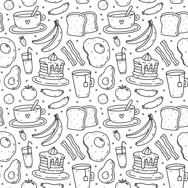 Vector illustration of Cute seamless pattern with breakfast food - fried eggs, bacon, toast, coffee, avocado, pancakes, fruits. Vector hand-drawn illustration in doodle style. Perfect for print, wrapping paper, wallpaper.