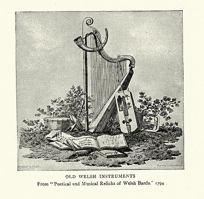 Vintage illustration of Old Welsh musical instruments, Harp, Crwth, Horn, Drum