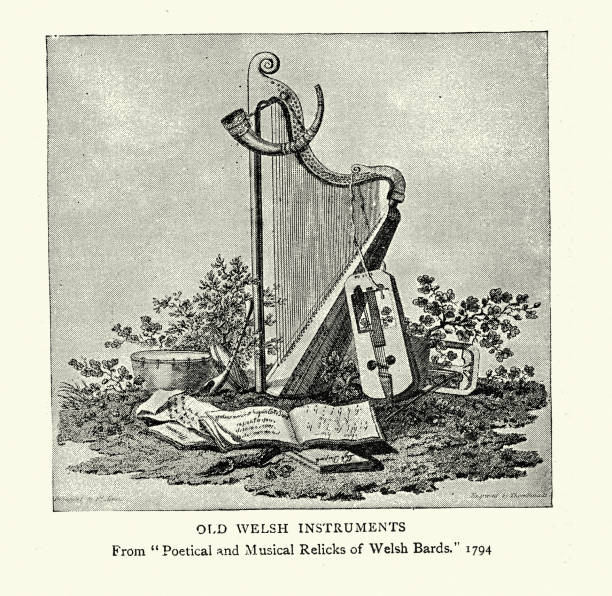Vintage illustration of Old Welsh musical instruments, Harp, Crwth, Horn, Drum Vintage illustration of Old Welsh musical instruments, Harp, Crwth, Horn, Drum welsh culture stock illustrations
