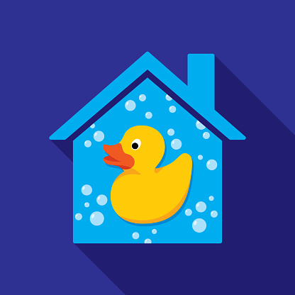 Vector illustration of a house with yellow rubber duck icon against a blue background in flat style.