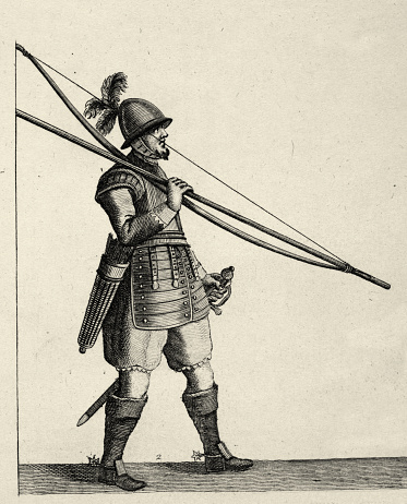 Vintage illustration double-armed infantry soldier, pike and longbow, History of Warfare, 17th Century weapons ad armour